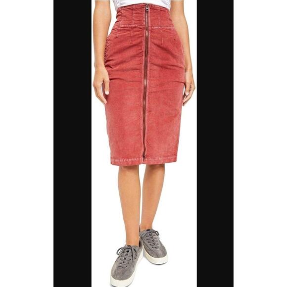 Free People Size 27 Want It All Tye Dyed Pink Zipper Midi Length Corduroy Skirt - Picture 2 of 7